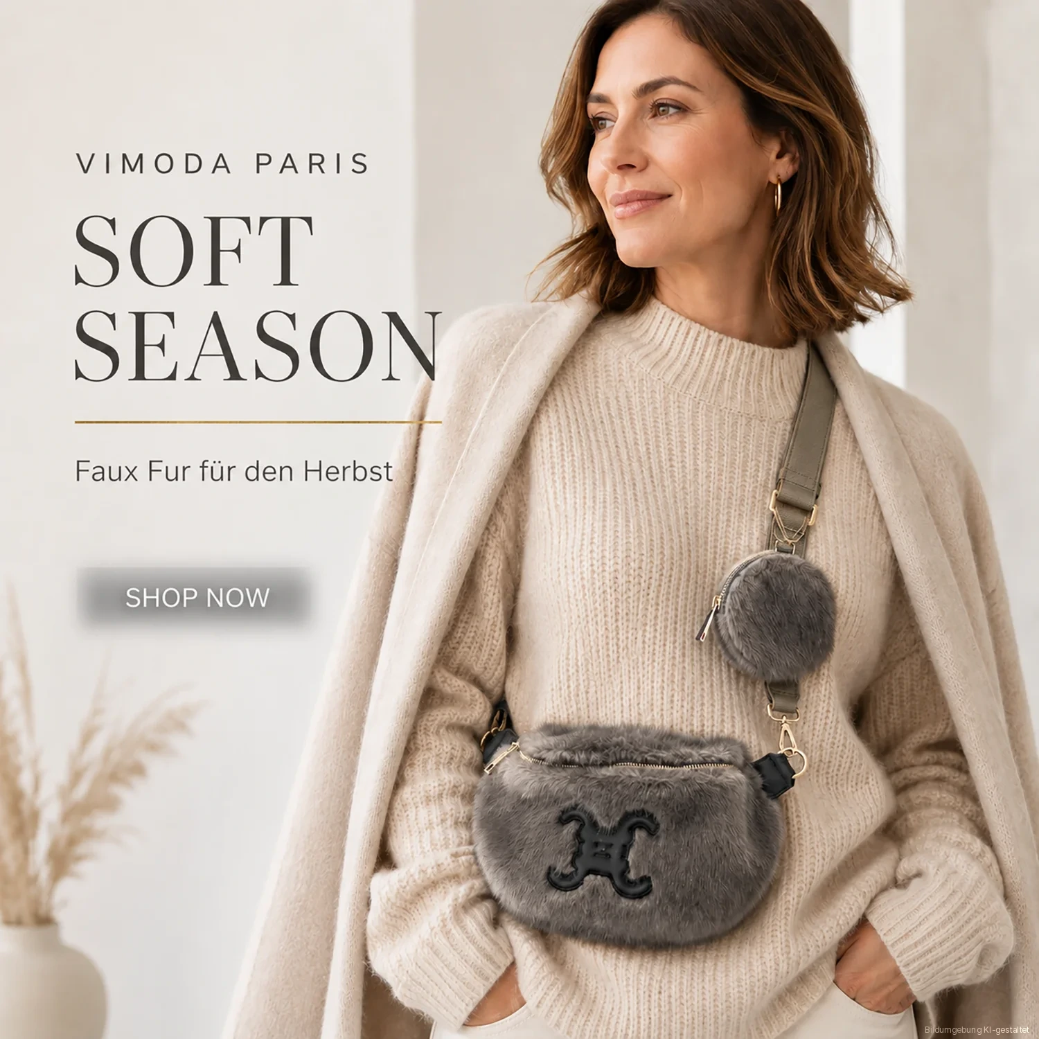 Vimoda Crossbody Tasche ODETTA Faux Fur grau, KI-gestaltete Bildumgebung, Produktfoto original Vimoda Crossbody Tasche ODETTA Faux Fur grau, KI-gestaltete Bildumgebung, Produktfoto original