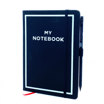 Bag All, Notebook A5, black, elastic band, print my notebook white, side front