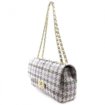 Shoulder bag Marie, lilac-cream, checkered fabric, chain strap, side hanging