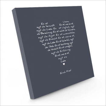 Painting on canvas white love poem, print bluegrey, sideview