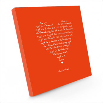 Painting on canvas white love poem, print orange, sideview