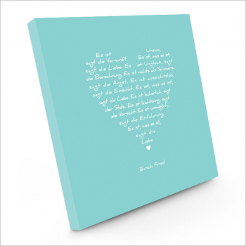 Painting on canvas white love poem, print turquoise, sideview