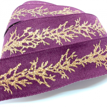 Gift ribbon, Winter Twig, rose purple with print glitter gold, 25 mm width, woven edge, detail