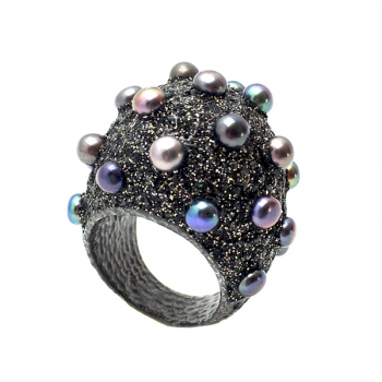 KMO 270056 Black Pearls Dome Ring, black, with kamelite stone, Pearls in different colours