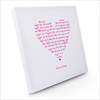 Painting on canvas white love poem, print pink, sideview