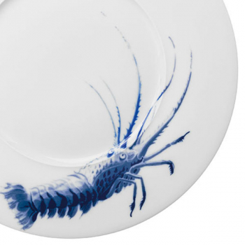 Plate, largel, Ocean, white, with blue crayfish,Hering Berlin, detail