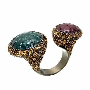 KMO open two finger ring in snake smaragd green and marsala ,