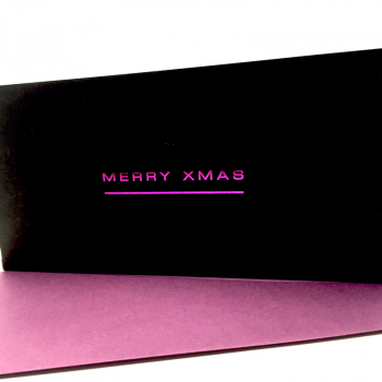 Trixi Gronau black Christmas card with hot foil stamping pink  merry xmas, dettail with envelope aubergine