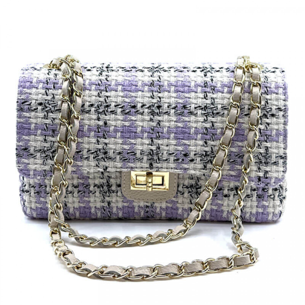 Shoulder bag Marie, lilac-cream, checkered fabric, chain strap, front