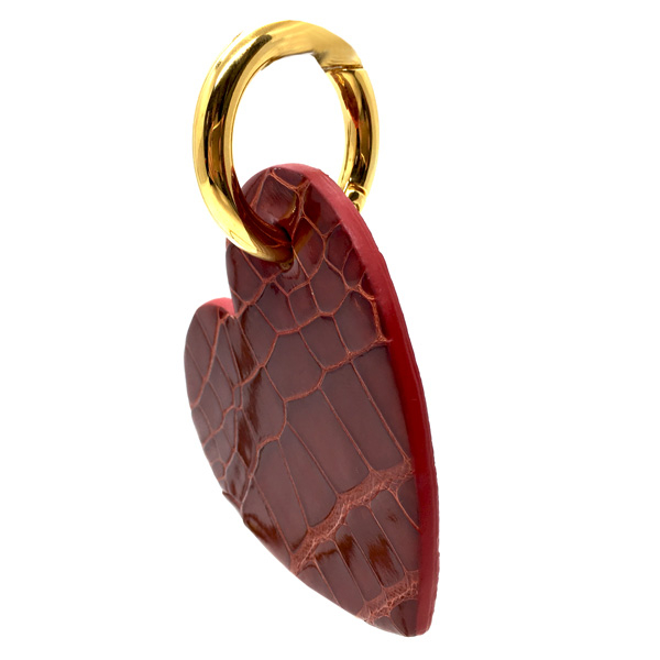 Bettina a Paris, heart key fob Cherie, red alligator leather with green edge colour , carabiner closure, side