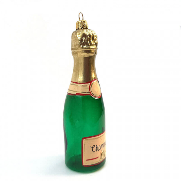 Christborn Weihnachtsanhänger Champagnerflasche, grün mit gold glitter Akzenten, seitlich