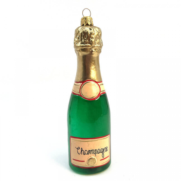 Christborn Weihnachtsanhänger Champagnerflasche, grün mit gold glitter Akzenten, front