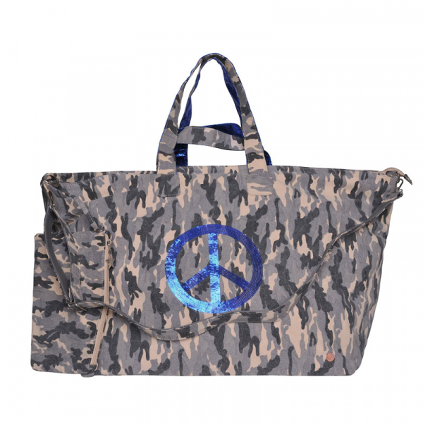 Cute Stuff, XXL Shopper, Weekender, Camouflage gray, Peace sign sequins blue