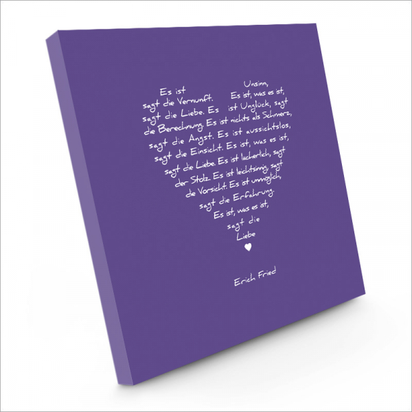 Painting on canvas white love poem, print purple, sideview