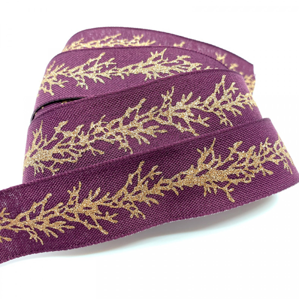 Gift ribbon, Winter Twig, rose purple with print glitter gold, 25 mm width, woven edge