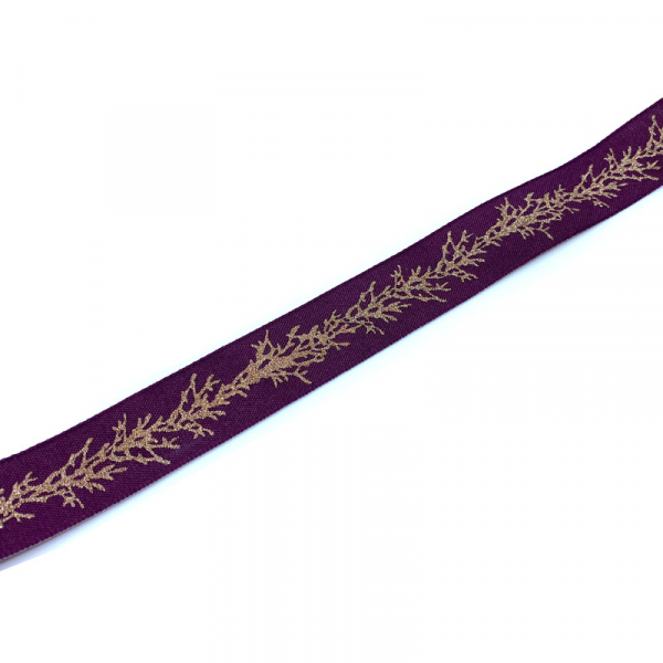 Gift ribbon, Winter Twig, rose purple with print glitter gold, 25 mm width, woven edge, detail