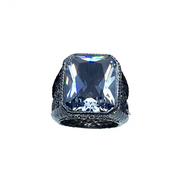 Kmo ring solo black-gold with large faceted crystal, front