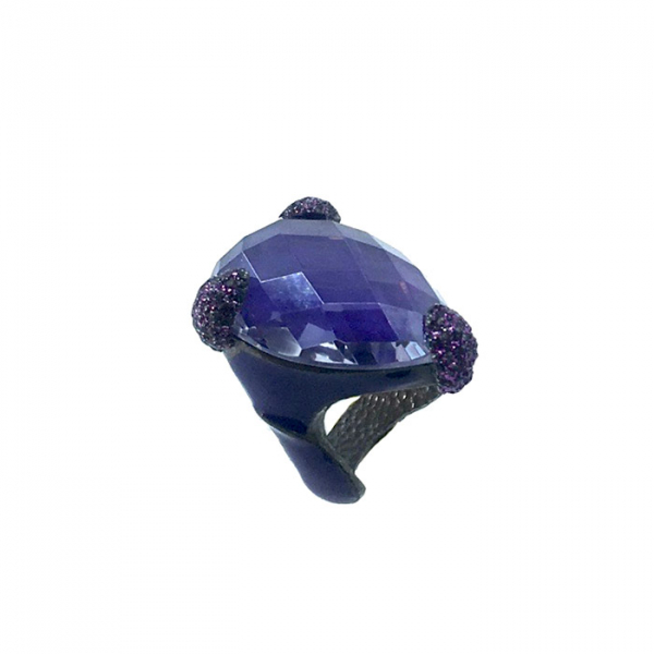 Kmo ring Cassandre purple enamelite ith large faceted crystal