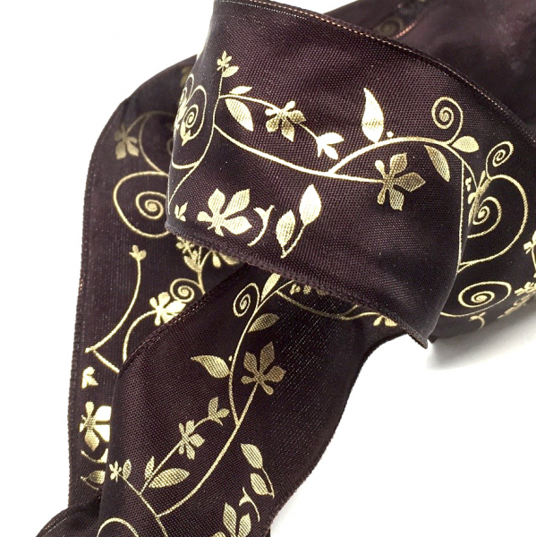 ribbon, satin, 38 mm, brown, printed floral in gold, detail