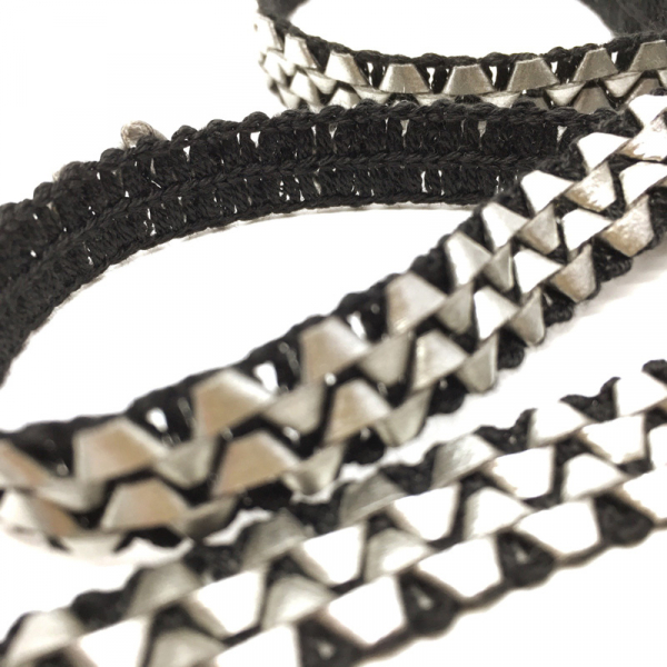 ribbon, Trimming, 12 mm, leather, silver-black, front and backside