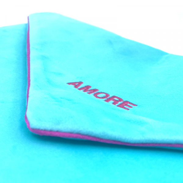 Sorbet Island, Velvet Envelope Bag, Clutch turquoise embroidery fluo pink Amore, detail