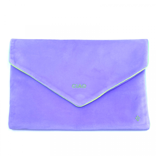 Sorbet Island, Velvet Envelope Bag, Unterarm Clutch flieder , Stickerei fluo grün CIAO