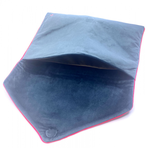 Sorbet Island, Velvet Envelope Bag, Clutch grey, embroidery fluo pink, open