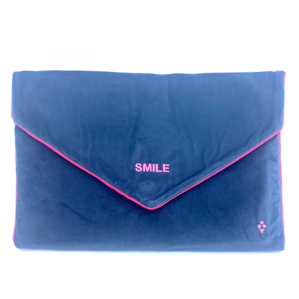 Sorbet Island, Velvet Envelope Bag, Clutch grey, embroidery fluo pink, front