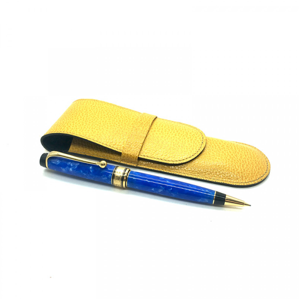 Trixi Gronau HENRI, pen case, leather, yellow, with mechanical pen Aurora mare blue