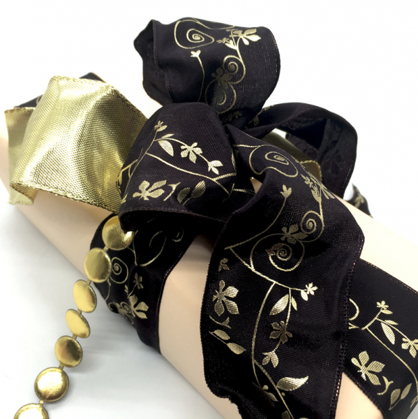 ribbon, satin, 38 mm, brown, printed floral in gold, style