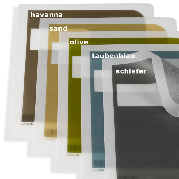 Julifoli document holder A4 5 colors, schiefer, taubenblau, havanna, sand, olive, with color